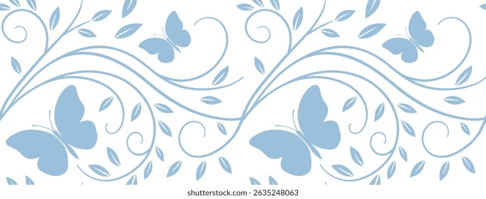 Elegant blue butterfly and swirl leaf pattern on white background in seamless vector design. Perfect for wallpapers, prints, and spring themes. Delicate nature-inspired decoration art.