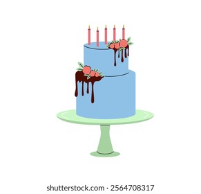 Elegant blue cake with candles and floral decorations for a celebration occasion