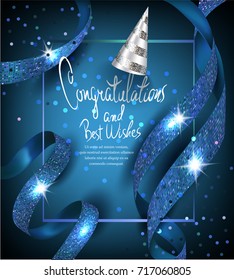 Elegant blue card with blue ribbons with pattern and party hat. Vector illustration