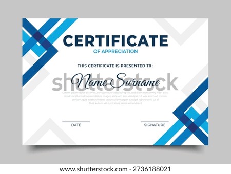 Elegant blue Certificate of appreciation template geometric triangle template a4 design