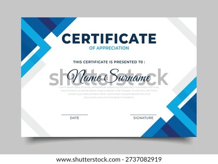 Elegant blue Certificate of appreciation template geometric triangle template a4 design