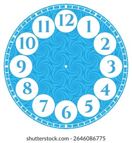 Elegant Blue Clock Face with Swirl Pattern and Decorative Border