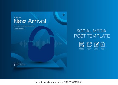 elegant blue color wireless headphone brand product sale for social media banner template