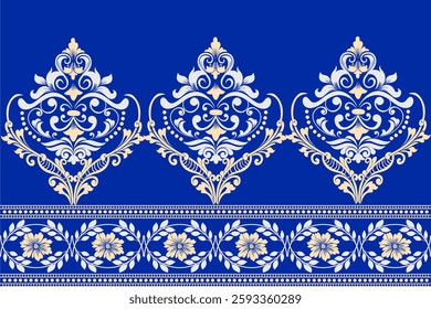 Elegant blue damask border pattern with intricate floral ornaments and baroque elements. Perfect for textile design, wallpapers, and invitations. High-quality seamless vector for digital and print use