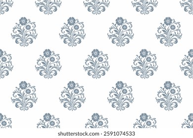 Elegant blue damask seamless pattern with floral ornamental elements, inspired by vintage baroque and rococo styles, perfect for wallpapers, textiles, home decor, and luxury designs.