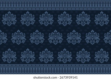 Elegante damasco azul sin patrón con motivos florales ornamentados y borde decorativo. Perfecto para telas, Fondos de pantalla, embalajes de lujo y fondos de diseño de interiores.