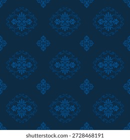 Elegant blue damask seamless pattern featuring ornate floral motifs in a repeating layout. Classic vintage style with decorative symmetry, for luxury backgrounds, wallpaper, fabric, packaging design