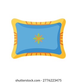 Elegant blue decorative pillow featuring a vibrant golden sunburst design, set against a bright yellow floral patterned backdrop for home decor.
