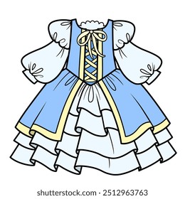 Elegant blue Dress with a gold lace-up corset and a fluffy layered skirt. Image produced without the use of any form of AI software at any stage.