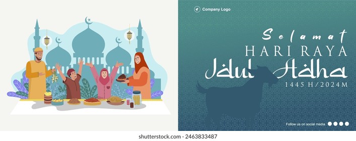 Elegant Blue Eid Al Adha Mubarak Banner Template with Family Celebrating and Eating Together. Best choice for Company Greeting and Banner. Hari Raya Idul Adha 1445 H