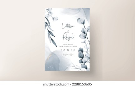elegant blue eucalyptus and leaves wedding invitation card template