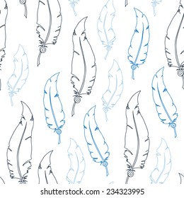 Elegant blue feathers on white  background. Seamless vector pattern.