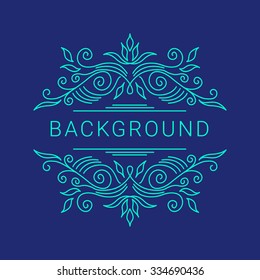 Elegant blue floral frame. Lineart vector illustration with text on dark blue background