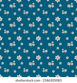 Elegant Blue Floral Pattern with Delicate Plum Blossoms, Seamless Oriental Design for Fabric, Wallpaper, Textile Print, Spring Festival, Traditional Decorative Background