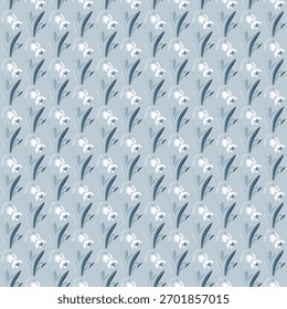 Elegante patrón floral azul con gotas de nieve blancas y hojas oscuras dispuestas en una repetición sin fisuras. Ideal para Fondos de pantalla, textiles, telas y fondos decorativos en artesanías, diseño de interiores