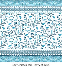 elegant blue floral seamless pattern with a classic border for decorative textile and invitations

