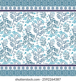elegant blue floral seamless pattern with detailed border for decorative textile and backgrounds
