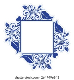 Elegant Blue Floral Square Frame with Decorative Swirls. Vintage flourish calligraphic corners and dividers in baroque style. Perfect for invitations, stationery, greeting cards, certificates borders