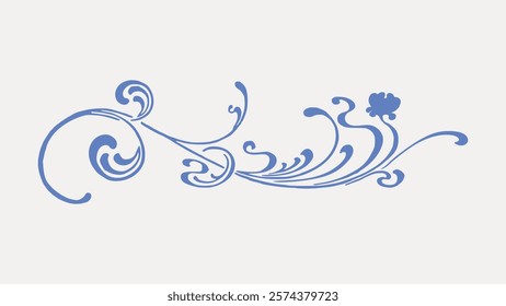 Elegant blue floral swirl design with intricate curves and delicate patterns. The floral swirl adds a touch of elegance and charm with its graceful lines. Vintage floral illustration isolated, vector.