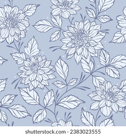 Elegant blue floral vector pattern with dahlia illustrations, flower background with a winter color theme. Large print vintage monochromatic botanical textile or wallpaper design, seamless repeat tile