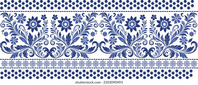 Elegante patrón de Vector floral azul con borde ornamental para la moda, tarjetas de Boda, textiles sin costuras, cerámica y Diseños de Fondo de pantalla con Antiguas acuarela de arte floral