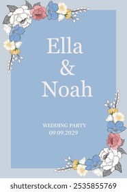 Elegant blue floral wedding invitation templates with soft pastel backgrounds and delicate blooms. Perfect for a timeless, romantic wedding theme. Fully customizable for digital or print use.