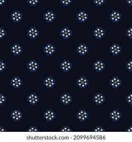 Elegant blue flowers motif flat pattern abstract simple silhouettes geometric shape continuous background. Modern geo ditsy floral lux fabric design textile swatch ladies dress all over print block.