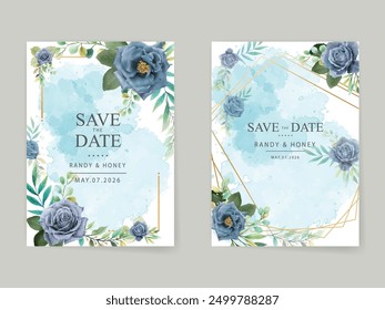 elegant blue flowers wedding invitation card