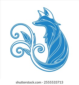 Elegant blue fox illustration with intricate swirling patterns and leaf accents, showcasing a modern and artistic design. 