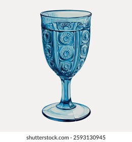 Elegant blue glass goblet with intricate circular patterns. The blue glass design adds a touch of sophistication. Perfect for showcasing blue glassware collections. Vintage art painting vector.