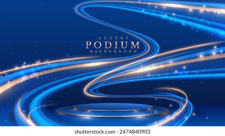 Elegant Blue and Gold Background Featuring Swirling Light Trails and an Empty Podium, Perfect for Luxury Presentations and Events. Vector Illustration.