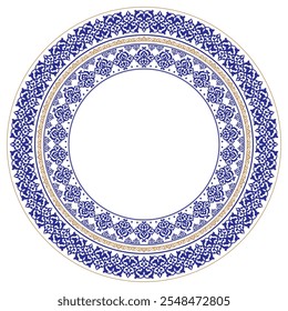 Elegant blue and gold circular frame with intricate Arabic, Islamic geometric patterns. Perfect for invitations, logos, website design. High-resolution vector file for crisp, scalable prints, ceramics