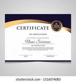 Elegant blue and gold diploma certificate template. Use for print, certificate, diploma, graduation
