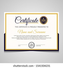 Elegant blue and gold diploma certificate template. Use for print, certificate, diploma, graduation