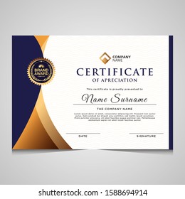 Elegant blue and gold diploma certificate template. Use for print, certificate, diploma, graduation