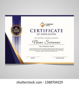 Elegant blue and gold diploma certificate template. Use for print, certificate, diploma, graduation