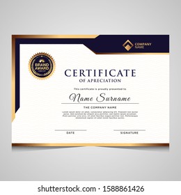 Elegant blue and gold diploma certificate template. Use for print, certificate, diploma, graduation