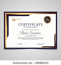 Elegant blue and gold diploma certificate template. Use for print, certificate, diploma, graduation