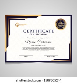 Elegant blue and gold diploma certificate template. Use for print, certificate, diploma, graduation