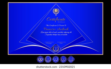 Elegante modelo de certificado de diploma azul y dorado con insignia de lujo y patrón de línea moderna. Para las necesidades de premios, negocios y educación. Uso para impresión, certificado, diploma, graduación 