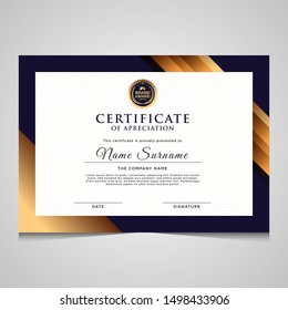 Elegant blue and gold diploma modern certificate template.Use for print, certificate, diploma, graduation