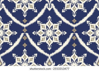 Elegant Blue and Gold Ethnic Pattern, Seamless Traditional Floral Ikat Design,Bohemian Blue Geometric Textile Motif,Abstract Ethnic Blue and Beige Ornament,Intricate Handwoven-Inspired Pattern