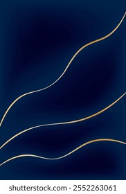 Elegantes líneas azules y doradas que forman patrones ondulados, creando un visual sofisticado y dinámico. Fondo de Vector para proyectos de diseño moderno. Fondo azul oscuro profundo, líneas dobladas de oro.