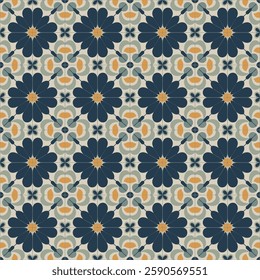 Elegant Blue and Gold Ornamental Tile Seamless Pattern with Symmetric Details