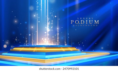 Elegant blue and gold podium with spotlight and sparkling effects, perfect for award ceremonies and luxury presentations. Vector illustration.