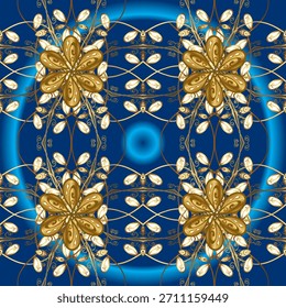 Elegante patrón transparente de Vector azul y dorado con adornos florales y Elementos decorativos. Lujoso diseño simétrico perfecto para Fondos de pantalla, textiles, invitaciones y proj decorativo premium