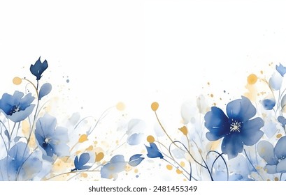 Elegant blue and gold Watercolor Flowers on White Background vector illustration. Delicate blue and gold floral art in a soft style. The flowers are scattered gracefully, beautiful floral pattern