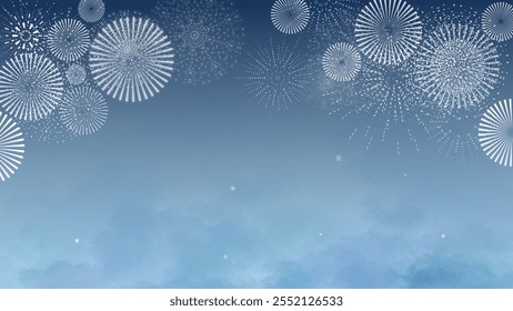 Elegant blue gradient fireworks design with sparkling white explosions, misty clouds, and subtle light dots, creating a serene and celebratory festive background.