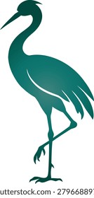 An elegant blue gradient silhouette of a crane in a dancing pose with one leg lifted and a single wing gracefully raised. Minimalist vector