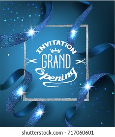 Elegant Blue Grand Opening Invitation Card With Blue Ribbons With Pattern And Silver Frame. Vector Illustration